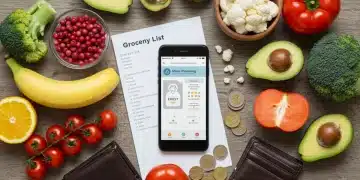 Smartphone displaying a meal planning app, surrounded by fresh vegetables, a grocery list, and a wallet, symbolizing organized and budget-friendly meal preparation.