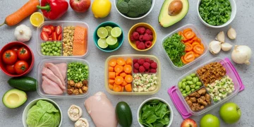 Organized meal prep containers and fresh ingredients on a kitchen counter, symbolizing efficient meal planning.