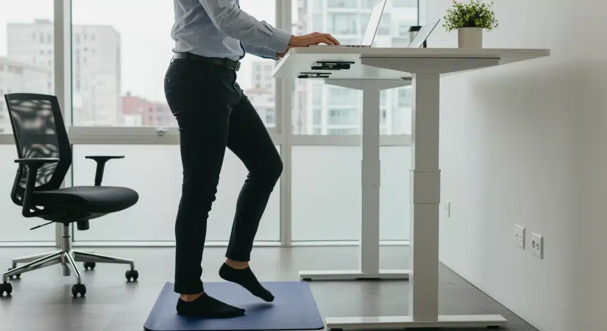 Person working at a standing desk, incorporating subtle movements to burn calories.