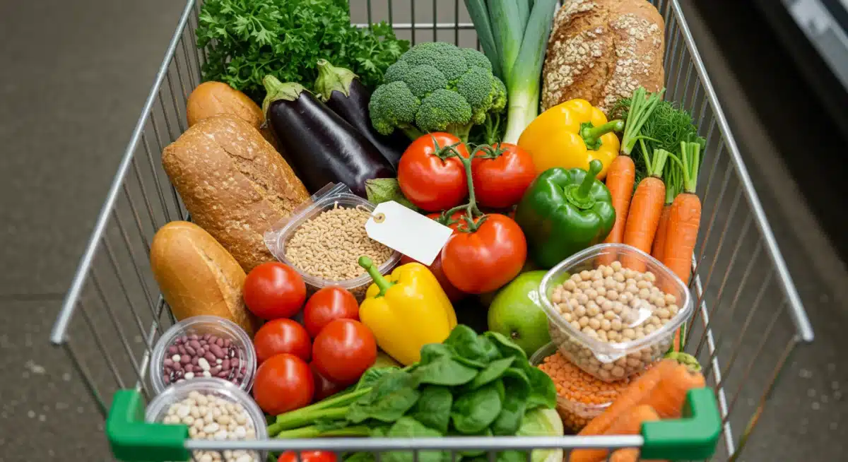 Grocery cart filled with affordable fresh produce and healthy ingredients