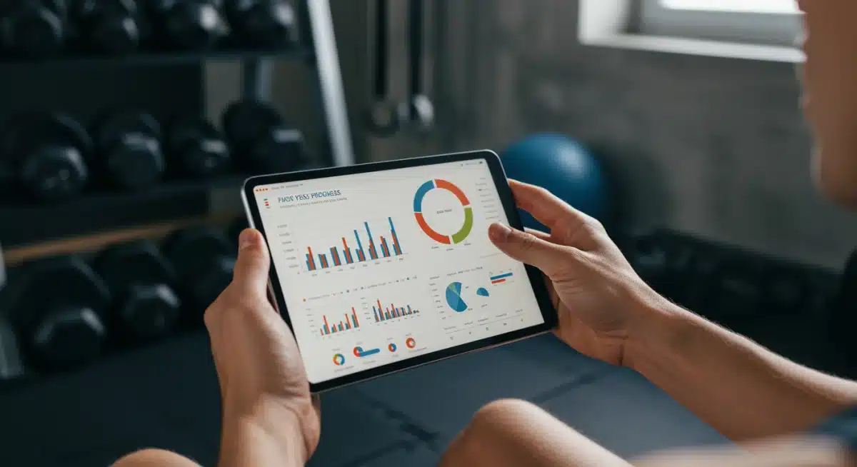 Person tracking fitness progress on a tablet in a home gym setting.