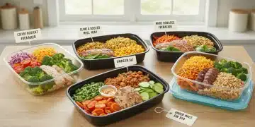 Five quick, budget-friendly healthy meals, each under $10 per serving, neatly arranged for busy Americans.