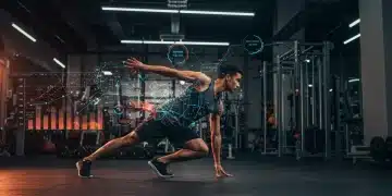 Athlete performing functional movement with data tracking, symbolizing optimized 2025 fitness routine