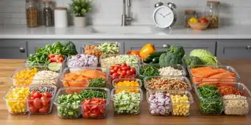 Organized meal prep containers with healthy dinners for a week