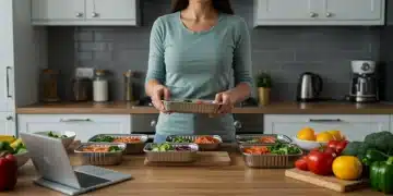 Busy professional efficiently meal prepping healthy food containers for the week