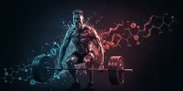 Athlete lifting weights with superimposed amino acid structures, symbolizing advanced protein synthesis research for strength gains.