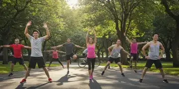 Diverse group exercising outdoors, symbolizing sustainable fitness habits and community wellness.