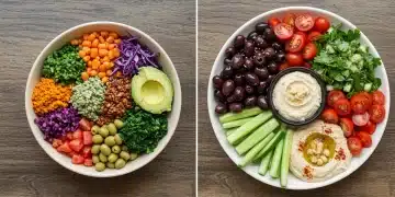 Vegan Buddha bowl next to Mediterranean mezze platter, illustrating healthy meal comparison
