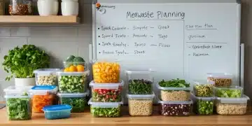 Organized zero-waste kitchen with prepped ingredients and meal plan