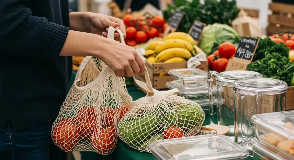 Shopping for produce with reusable bags for zero-waste meal planning