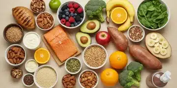 Colorful and nutritious meal prep ingredients spread on a table, symbolizing a comprehensive athlete meal plan for peak performance.