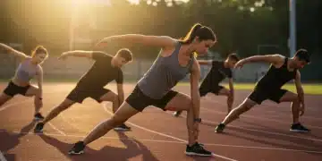 Athletes performing dynamic and static stretches at sunrise for improved recovery