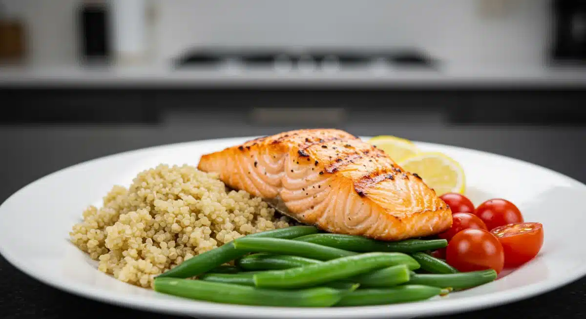 Balanced athlete's meal with grilled salmon, quinoa, and vegetables, emphasizing healthy and performance-boosting nutrition.