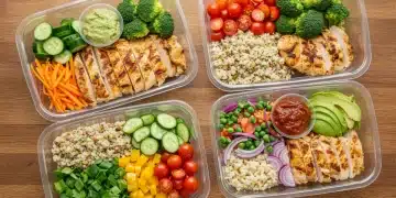 Four budget-friendly healthy meal prep lunches in containers