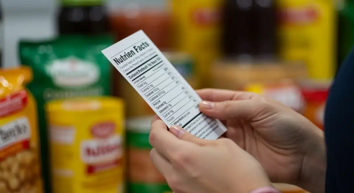 Consumer analyzing food labels for nutrient content after novel processing