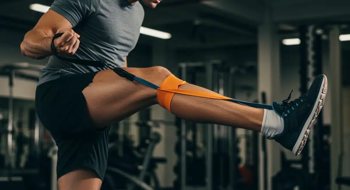 Athlete performing hamstring stretch with resistance band for flexibility