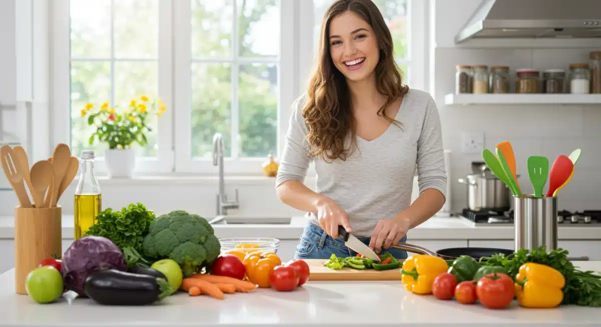 Person enjoying cooking a healthy meal at home, surrounded by fresh produce.