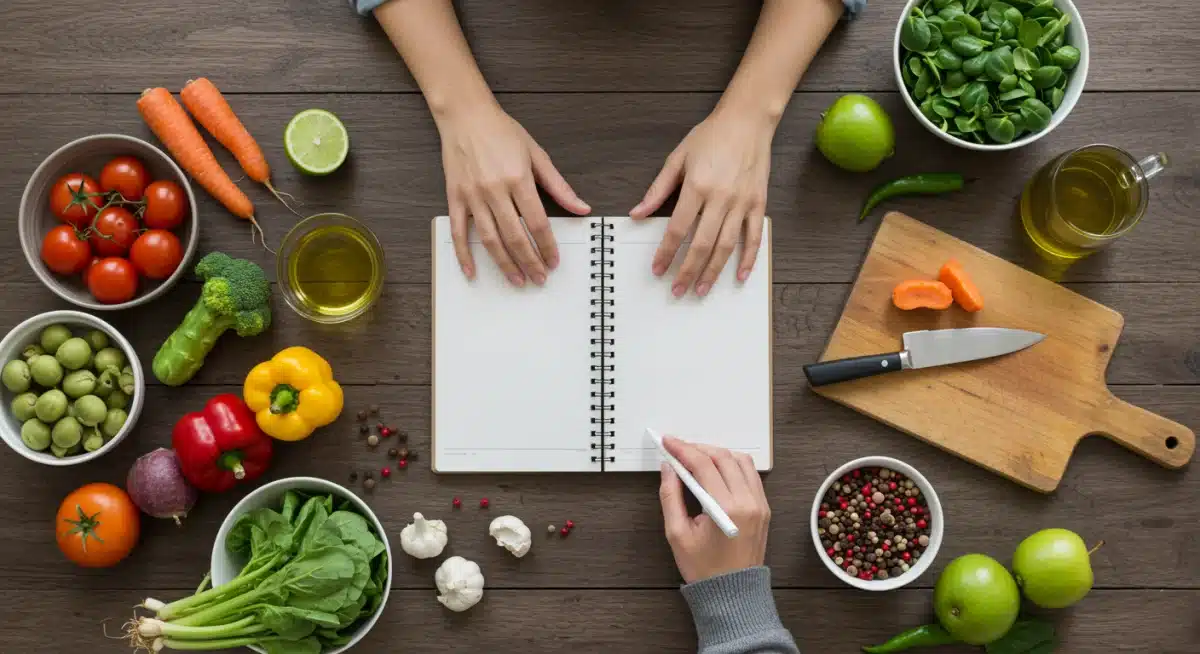 Person planning meals with fresh ingredients, reflecting USDA dietary strategies.