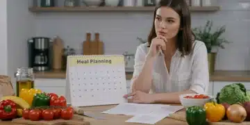 Organized meal planning calendar with fresh produce, symbolizing smart food budget management.