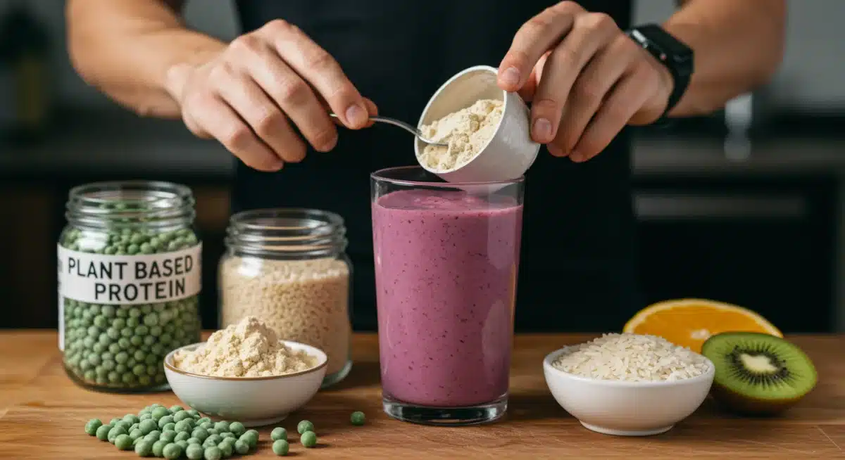 Preparing a plant-based protein smoothie with powders and fruits