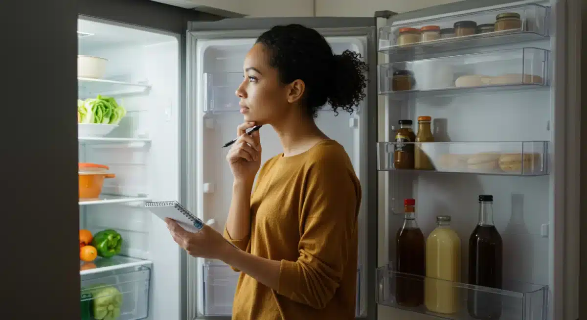 Person taking inventory of refrigerator contents for meal planning