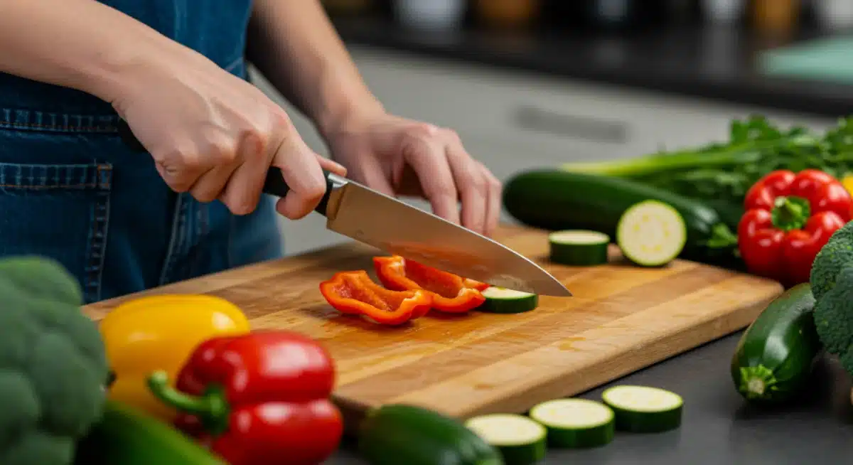 Hands chopping vegetables for efficient meal preparation