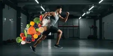 Athlete demonstrating agility with healthy food overlay, representing sports injury nutrition.