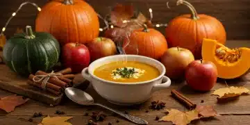 Autumn harvest table with healthy fall soup and seasonal produce, warm lighting