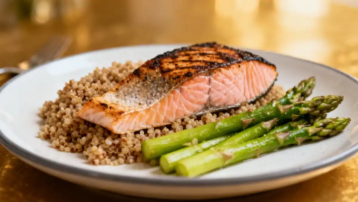 Balanced dinner plate with salmon, quinoa, and asparagus