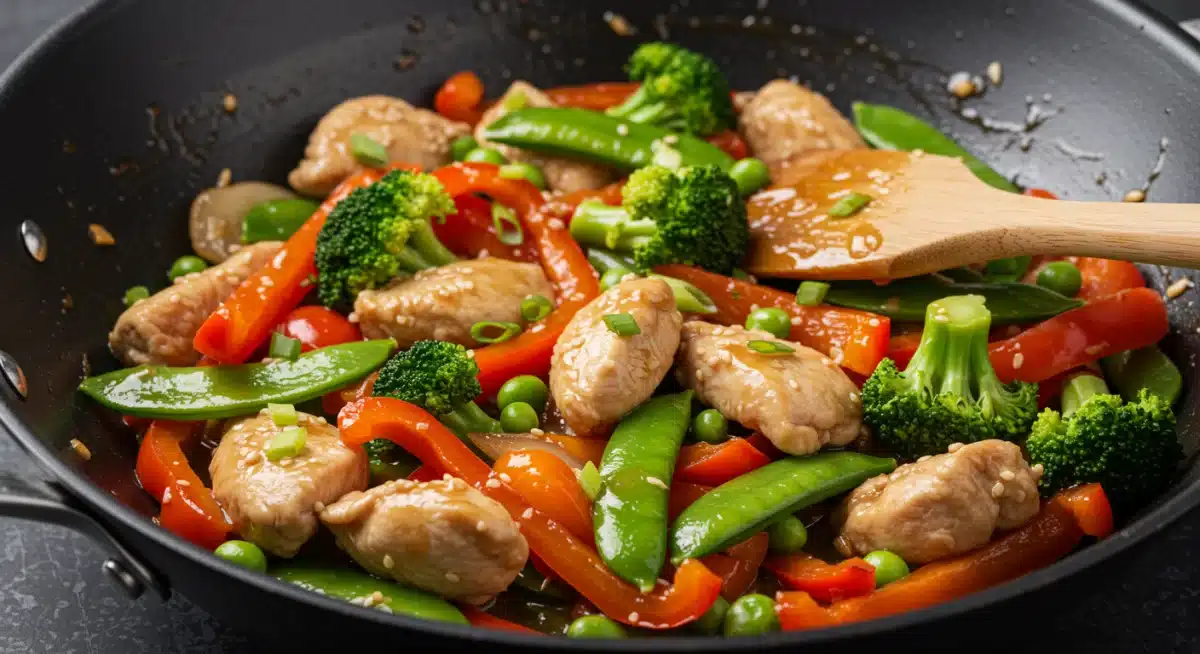 Vibrant chicken and vegetable stir-fry cooking in a wok, illustrating a healthy low-carb meal preparation.