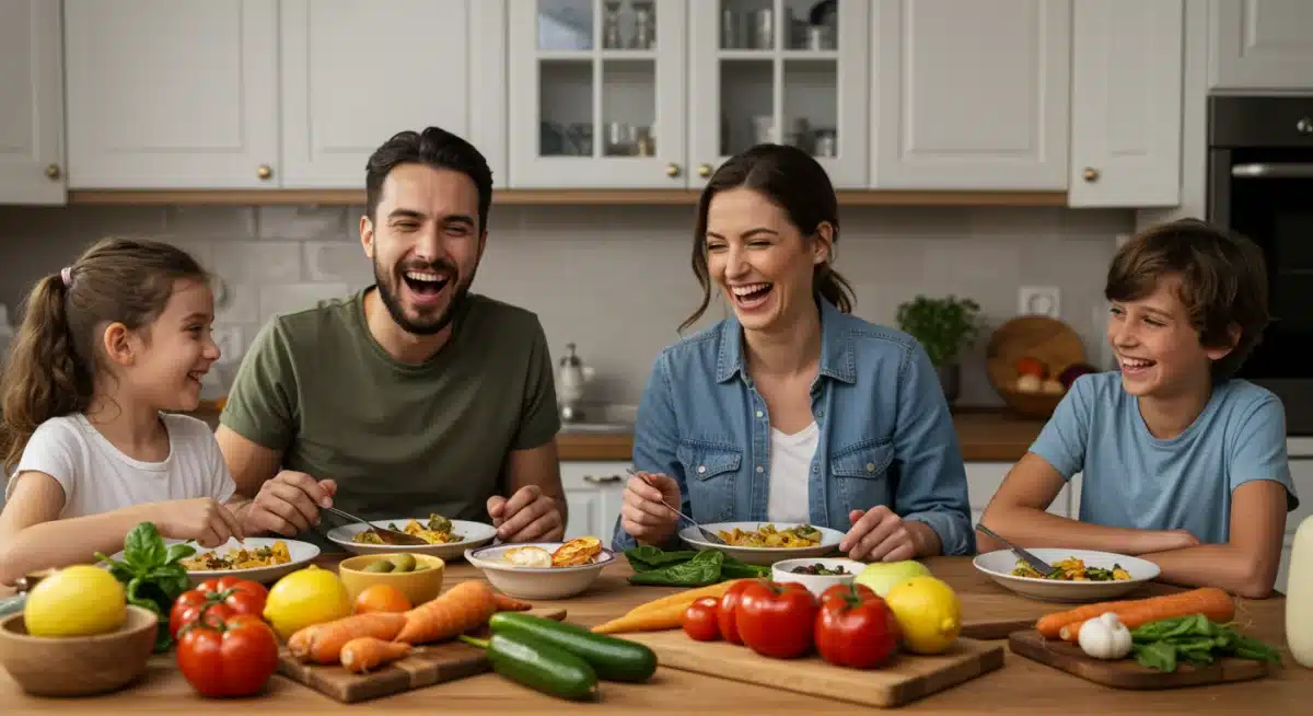 Family enjoying a spring meal in a cozy kitchen