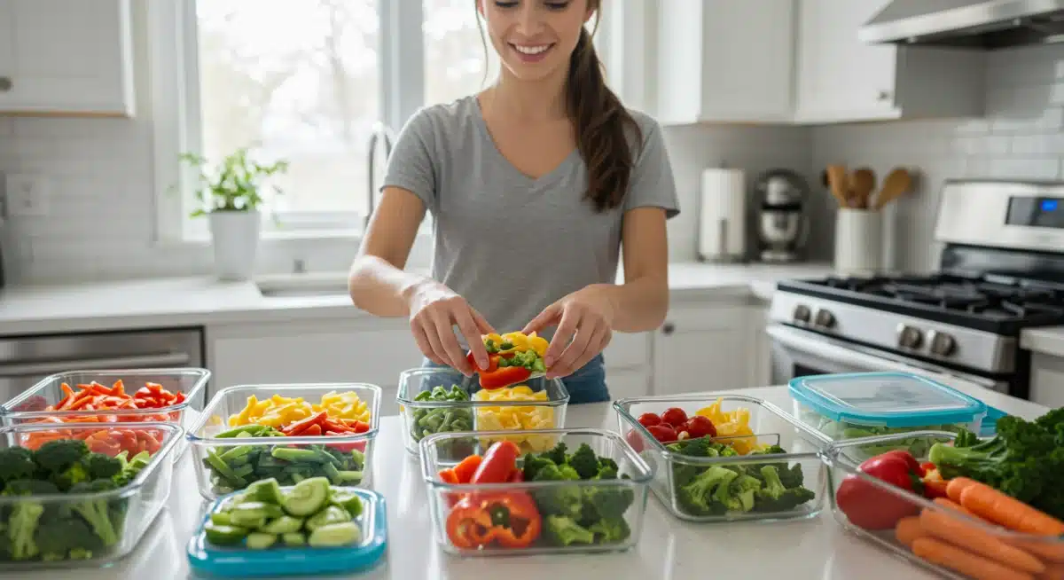 Person organizing meal prep containers with fresh vegetables