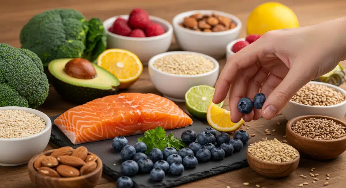 Assortment of colorful nutrient-dense foods for athletic diet