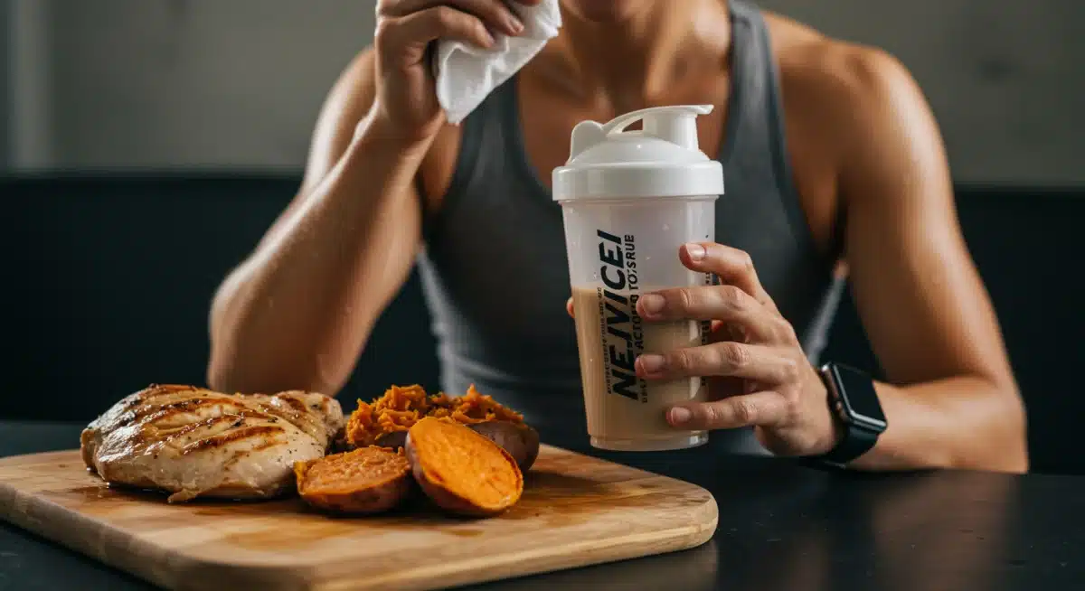 Athlete enjoying a post-workout protein shake and balanced meal