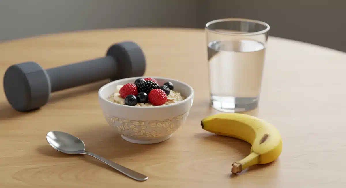 Healthy pre-workout meal with oatmeal, berries, banana, and water