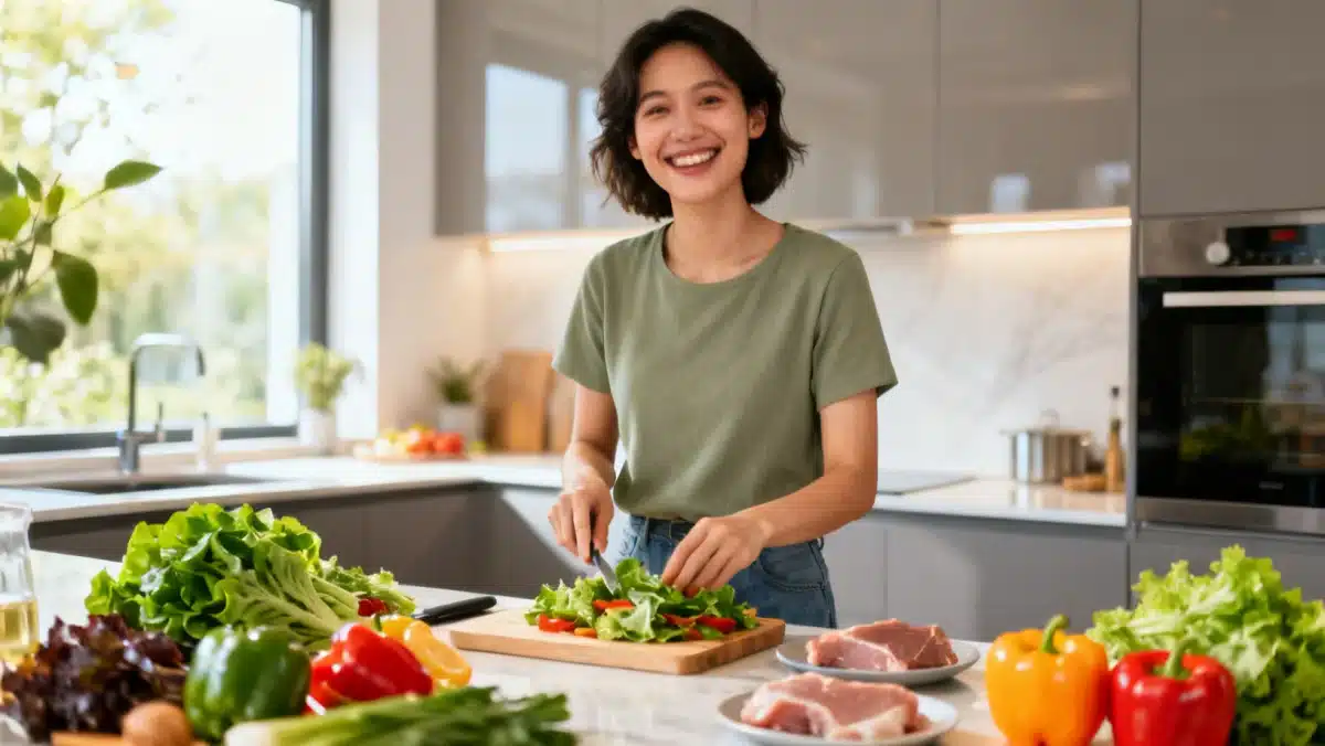Person preparing healthy lunch with fresh ingredients