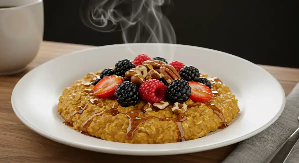 Healthy pumpkin spice oatmeal with berries and nuts, breakfast bowl