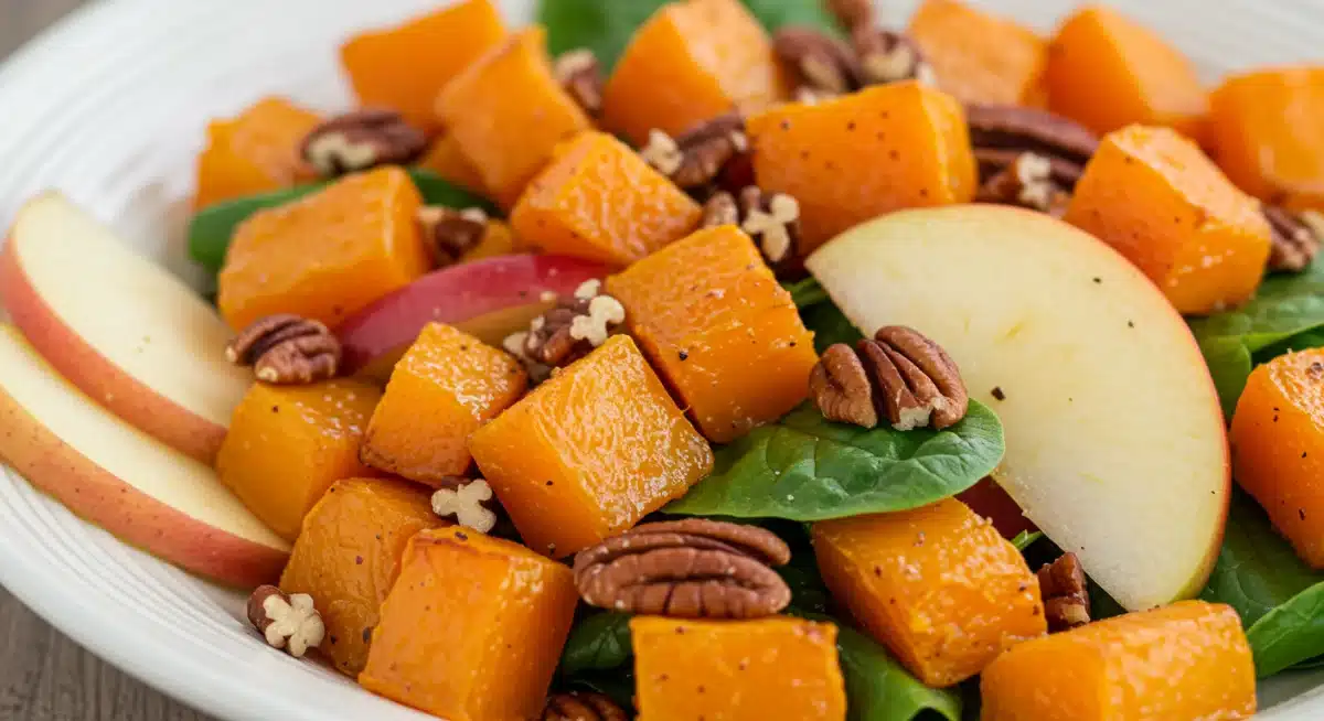 Roasted butternut squash and apple salad with pecans, healthy autumn dish