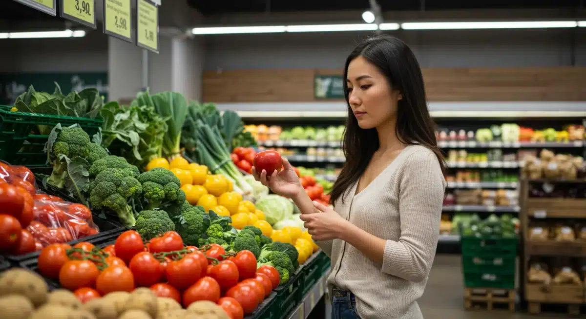 Person selecting fresh, seasonal produce in a grocery store for plant-based meals.