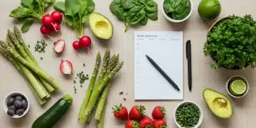 Vibrant spring produce with meal planner for food waste reduction