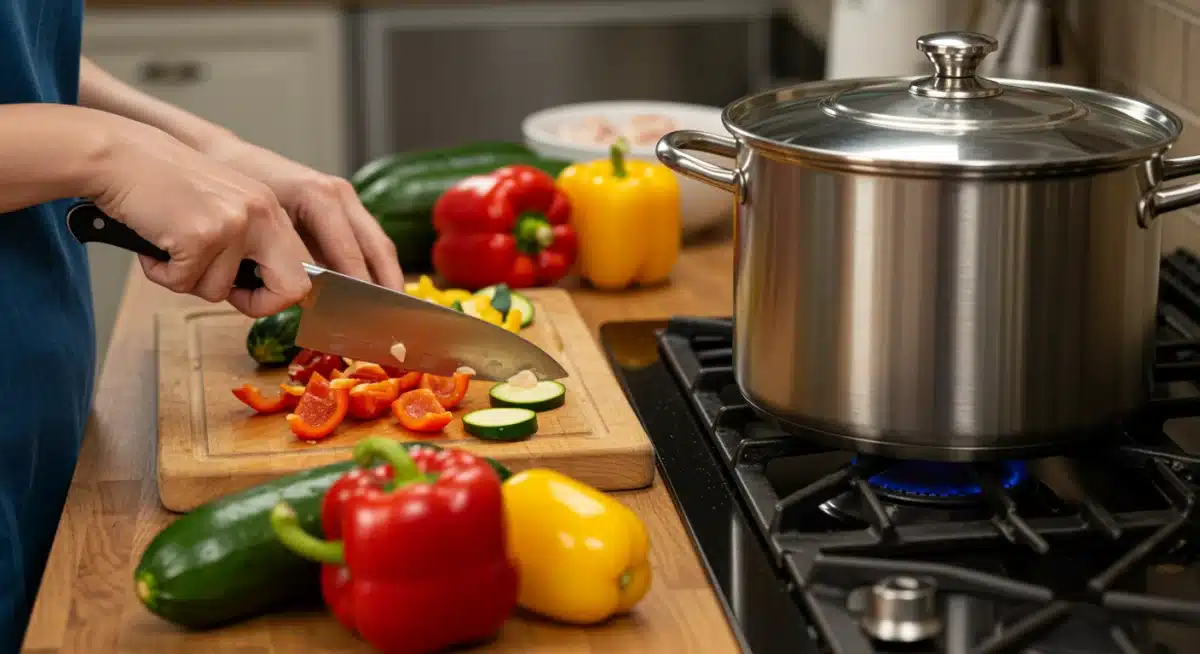 Person preparing vegetables for a one-pot meal, showcasing efficient cooking and fresh ingredients.