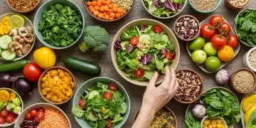 Vibrant plant-based meal spread with fresh vegetables, legumes, grains, and fruits.