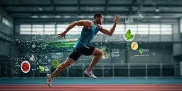 Athlete demonstrating peak performance, surrounded by futuristic nutrition elements