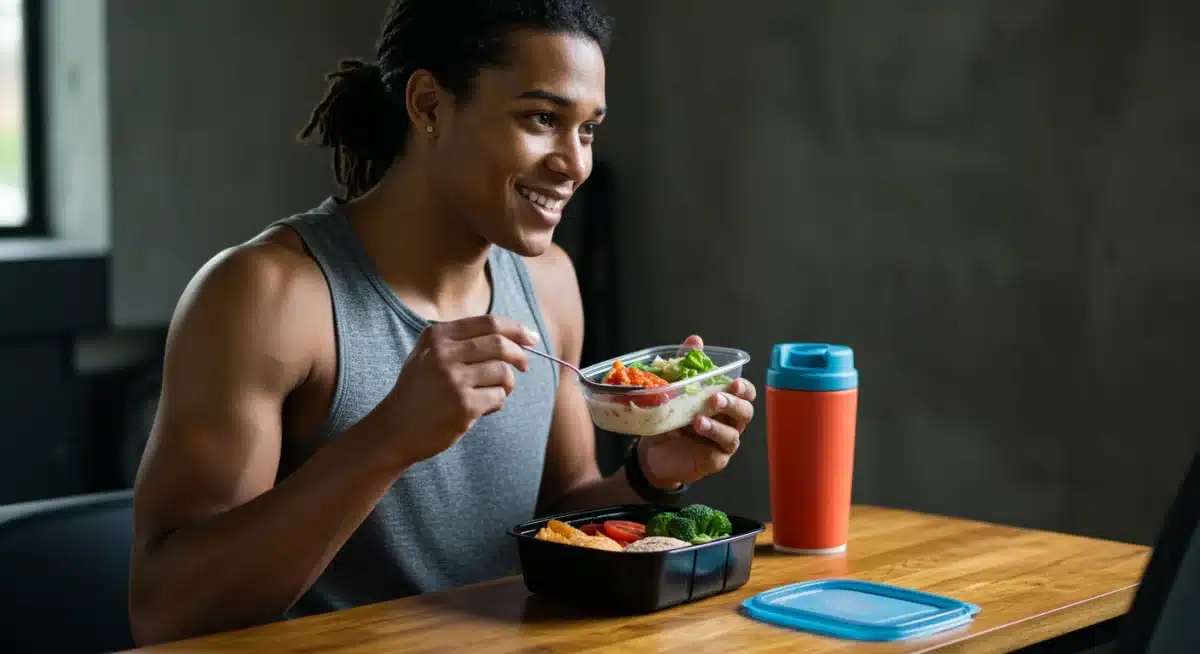 Athlete eating a healthy, pre-prepared meal after training