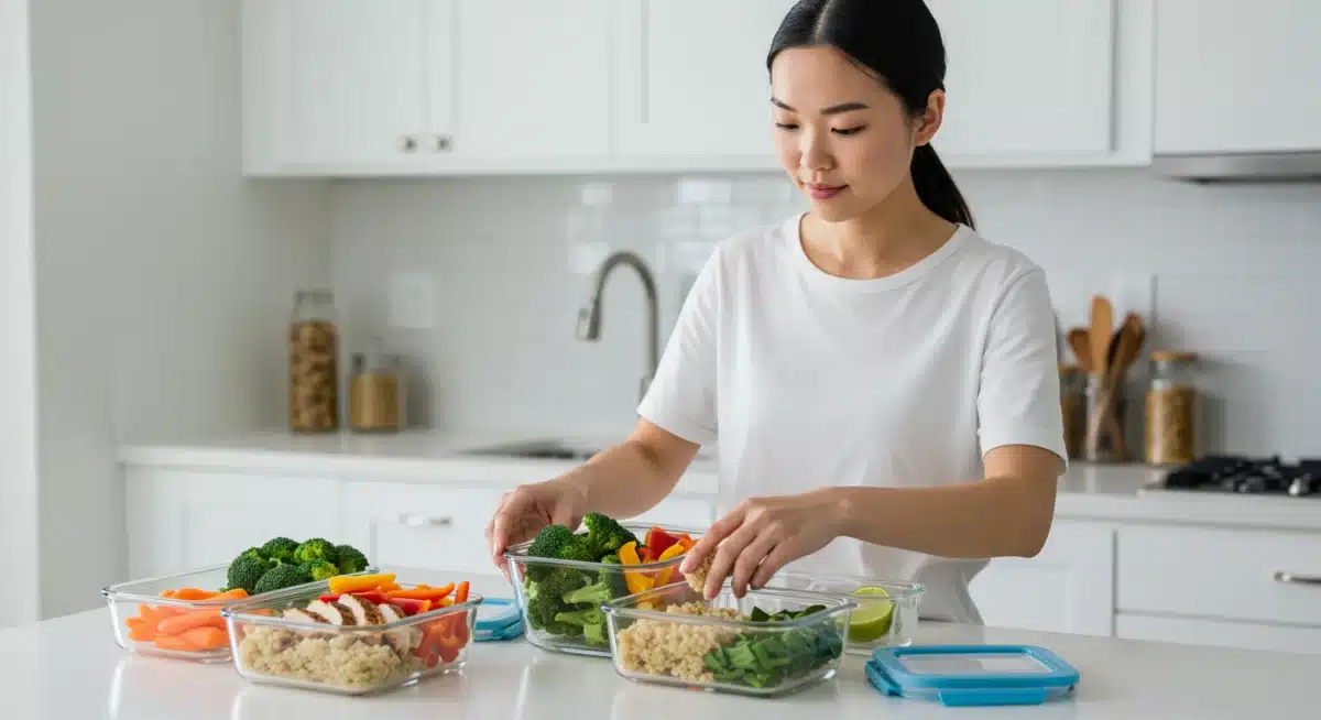 Batch cooking and portioning healthy meals into containers.