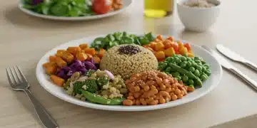Colorful plant-based meal with legumes and whole grains for fiber