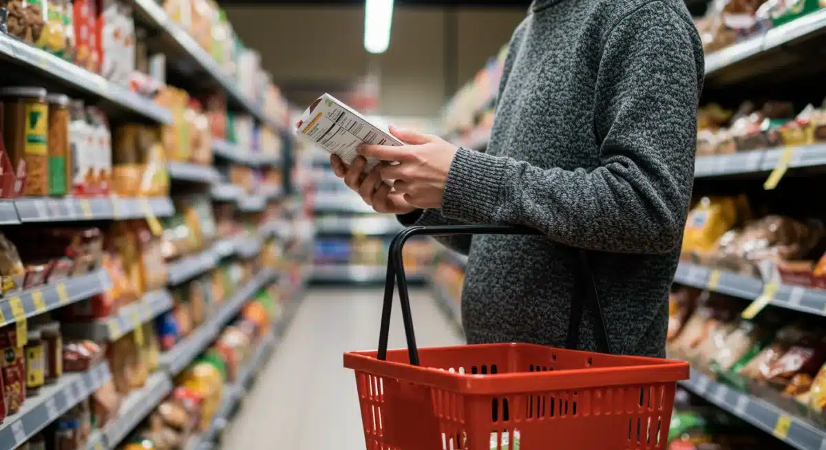 Consumer reading a food label in a grocery store