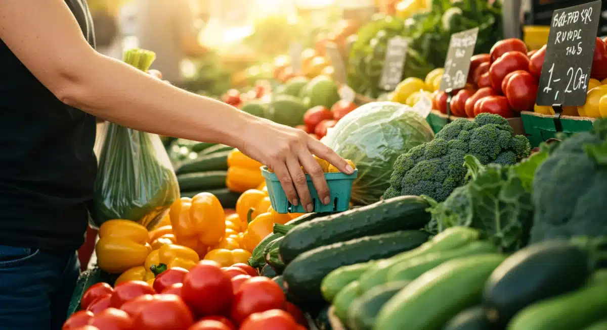 Selecting fresh seasonal produce at a farmer's market for budget meal planning