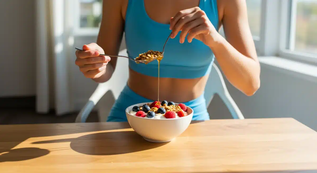 Athlete eating Greek yogurt with berries after a morning workout, emphasizing healthy recovery.