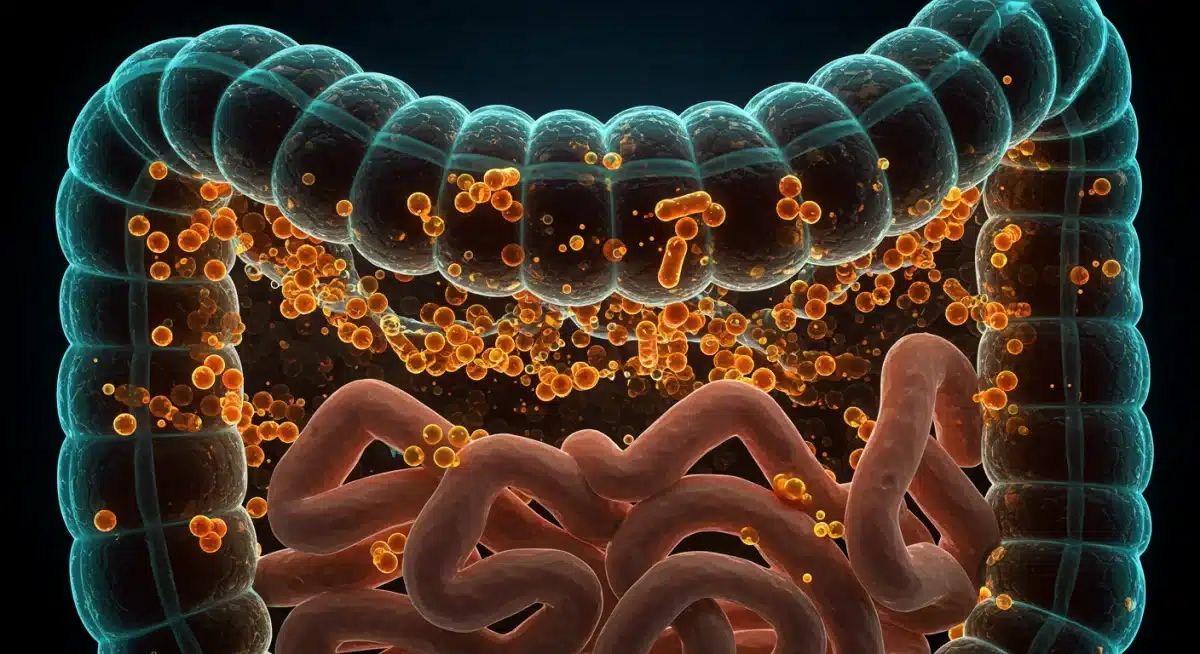 Microbiome illustration showing diverse gut bacteria and their link to health